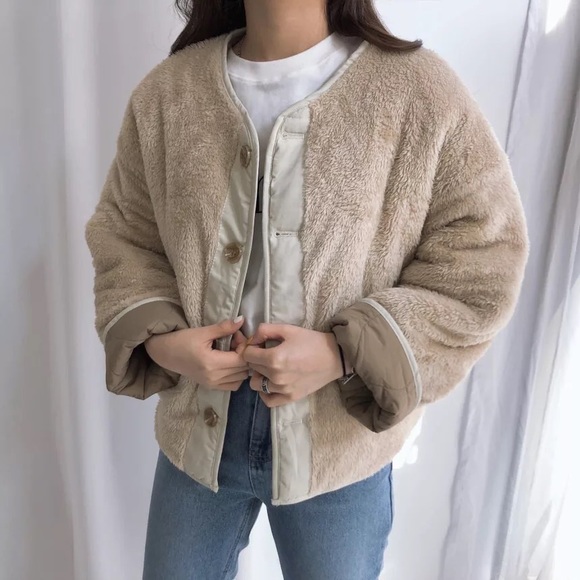 Coat jacket reversible cozy khaki beige tan pocket quilted puffer pocket women - Picture 11 of 15